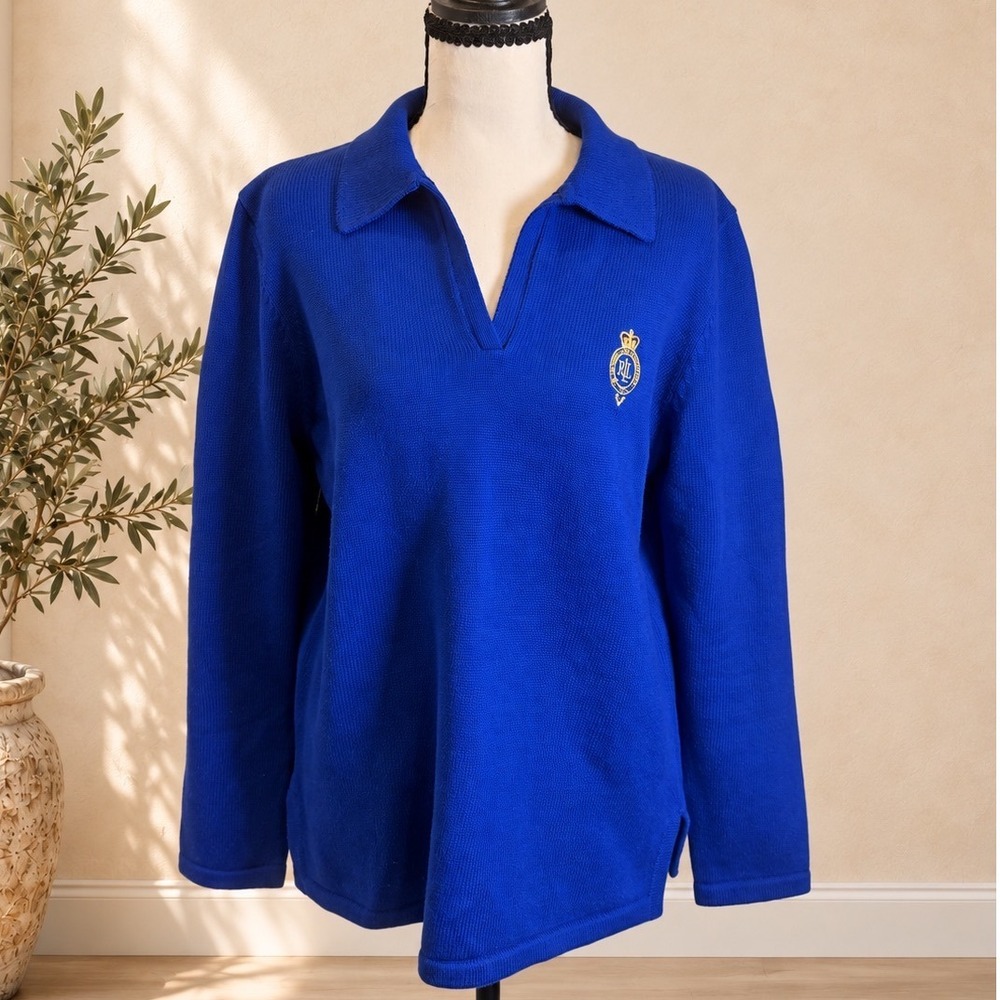 Lauren Ralph Lauren Royal Blue Cotton Knit Crest Polo Sweater Womens Medium
